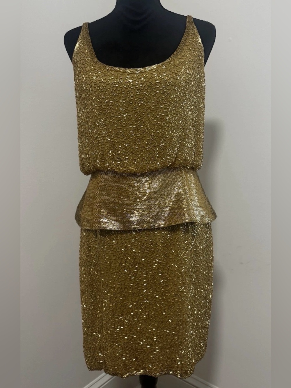 Vtg Black Tie Oleg Cassini hand beaded sequin Silk evening dress Gold size 12